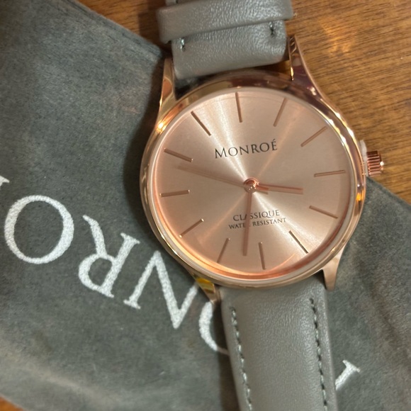 MONROE Sunburst Solerose Classique Gold Tone Watch, Leather Band, Case 36 - Picture 4 of 11